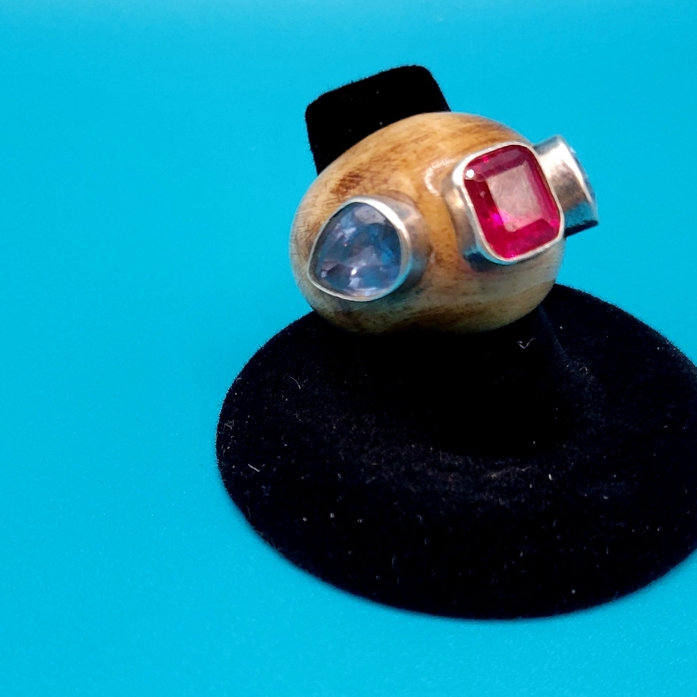 Blue and Pink Tourmaline in Sterling on Wooden band.    Palm Beach Vintage